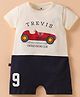 First Smile Sinker Knit Half Sleeves Romper with Car Print - Navy Blue & Cream