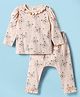 ToffyHouse Cotton Knit Full Sleeves Co-Ord Night Suit With Butterfly & Floral Print - Peach