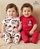 Babyoye Disney Interlock Knit Half Sleeves Sleep Suit with Mickey Mouse & Friends Graphics Pack of 2 - White & Dark Red