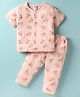 ToffyHouse Cotton Knit Half Sleeves Co-ords Front Open Night Suit with Bear Print - Dark Peach