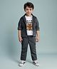MASHUP Cotton Jacquard Animals Printed Tee & Pant With Full Sleeves Jacket Set - Black