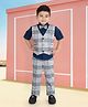 MASHUP Satin Full Sleeves Checked 3 Piece Party Suit Set - Grey