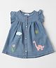 Nauti Nati Cotton Frill Sleeves Dinosaur & Floral Embroidered Dress - Blue