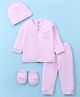 I Bears Interlock Knit Full Sleeves Front Open Animal Printed T-Shirt & Lounge Pant Set With Mittens & Cap - Pink