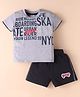 Simply Sinker Knit Half Sleeves T-Shirt & Shorts Set With Text Print - Grey & Navy Blue