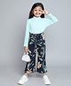 Taffykids Cotton Rib Full Sleeves Solid Top & Floral Printed Palazzo Set - Aqua Blue