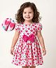 Mark & Mia Half Puffed Sleeves Frock with Bow Applique & Hearts Print - Pink