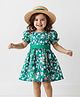 Mark & Mia Woven Half Puffed Sleeves Frock with Floral Print & Fabric Belt - Green