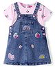 Babyhug Cotton Woven Frock & Half Sleeves Inner Tee With Fruit Print & Patch - Blue & Pink