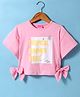 Little Kangaroos Cotton Knit Half Drop Shoulder Top with Bow Applique & Text Print - Pink