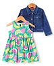 Babyhug Cotton Knit Frock & Full Sleeves Shrug With Watermelon Print - Green & Blue