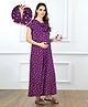 Bella Mama Cotton Knit Half Sleeves Concealed Zipper Nursing Nighty with Pockets Stars & Diamonds Print - Purple