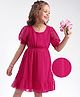Hola Bonita Woven Half Puffed Sleeves  Dress In Dobby Fabric - Dark Pink