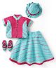 Exclusive from Jaipur Cotton Knit Half Sleeves Striped Choli Lehenga Set with Hat & Mojari - Light Blue & Pink