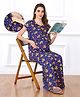 Bella Mama Cotton Knit Half Sleeves Concealed Zipper Floral Printed Nighty - Royal Blue