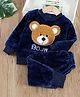 Babymoon Velvet Knit Full Sleeves Bear Patch Embroidered Tee & Pajama Set - Dark Blue