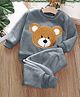 Babymoon Velvet Knit Full Sleeves Bear Patch Embroidered Tee & Pajama Set - Grey