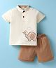 Mini Taurus Cotton Knit Half Sleeves Polo T-Shit & Shorts Set with Elephant & Bird Print - Beige