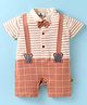 Mini Taurus Interlock Knit Half Sleeves Collared Romper with Elephant Patch Stripes & Bow Applique - Coral