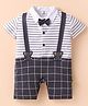 Mini Taurus Interlock Knit Half Sleeves Collared Romper with Elephant Patch Stripes & Bow Applique - Charcoal Grey