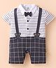 Mini Taurus Interlock Knit Half Sleeves Collared Romper with Elephant Patch Stripes & Bow Applique - Charcoal Grey