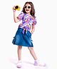 Ollington St. 100% Cotton Half Sleeves Floral Printed Top & Stretchable Denim Skirt Set - White Purple & Blue