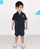 BAD BOYS Cotton Half Sleeves Smiley Face Patch Embroidered Textured Shirt With Coordinating Shorts Set - Navy Blue