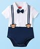 Babyhug 100% Cotton Knit Half Sleeves Onesie With Teddy Bear Patch & Bow Applique - White & Navy Blue