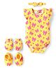 Babyhug 100% Cotton Knit Frill Sleeves Bow Printed Onesie With Hairband Mittens & Booties - Yellow