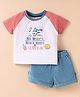 ToffyHouse Interlock Knit Half Raglan Sleeves T-Shirt & Shorts Set With Surfing Print - Beige & Blue