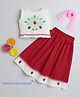 Many Frocks & Cotton Pleated Sleeve  Strawberry Hand Embroidered  Onam Choli Lengha Dupatta Set - Off white & Red