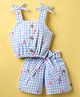 Dew Drops Poplin Woven Sleeveless Checks Top & Skirt Co-Ord Set With Floral Embroidery - Pink