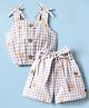 Dew Drops Poplin Woven Sleeveless Checks Top & Skirt Co-Ord Set With Floral Embroidery - Orange