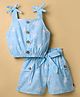 Dew Drops Poplin Woven Sleeveless Top & Shorts Co-Ord Set With Floral Print - Aqua Blue