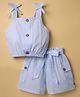 Dew Drops Poplin Woven Sleeveless Striped Top & Shorts Set with Fabric Belt - Light Blue