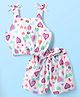 Dew Drops Poplin Woven Sleeveless Co-ords Top & Shorts Set with Fabric Belt & Hearts Print - White