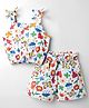 Dew Drops Poplin Woven Sleeveless Co-ords Top & Shorts Set with Fabric Belt & Tropical Theme Print - White