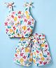 Dew Drops Poplin Woven Sleeveless Co-ords Top & Shorts Set with Fabric Belt & Tropical Theme Print - Green