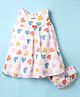 Dew Drops Cotton Woven Sleeveless Frock With Bloomer & Heart Print - White & Peach