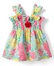 Dew Drops Cotton Woven Sleeveless  Frock with Smock Detailing & Floral Print - Pink