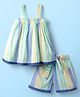 Dew Drops Poplin Woven Sleeveless Striped Top & Shorts Set with Fabric Belt & Lace Detailing - Light Green