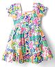 Dew Drops Cotton Woven Half Sleeves Front Open Frock With Happy Print - White