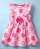 Dew Drops Cotton Woven Frill Sleeves Frock With Floral Print & Bow Applique - Peach