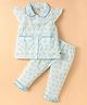 Dew Drops Poplin Woven Half Sleeves Peter Pan Collar Night Suit with Floral Print - Aqua Blue
