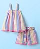 Dew Drops Poplin Woven Sleeveless Striped Top & Shorts Set with Fabric Belt & Lace Detailing - Pink