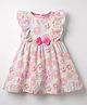 Dew Drops Cotton Woven Frill Sleeves Frock With Floral Print & Bow Applique - Pink