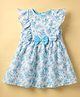 Dew Drops Cotton Woven Sleeveless Frock with Frill Detailing Floral Print & Bow Applique - Light Blue