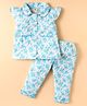 Dew Drops Poplin Knit Half Sleeves Co-Ord Night Suit With Floral Print - Light Blue