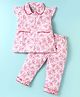 Dew Drops Poplin Knit Half Sleeves Co-Ord Night Suit With Floral Print - Pink