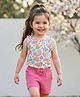 Babyhug Single Jersey Knit Sleeveless Top & Shorts Set With Floral & Rainbow Print - White & Pink